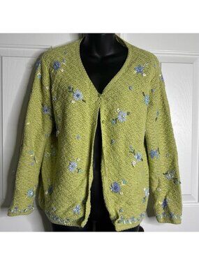 Northern Isles Embroidered Floral Cardigan Green Knit Sweater M